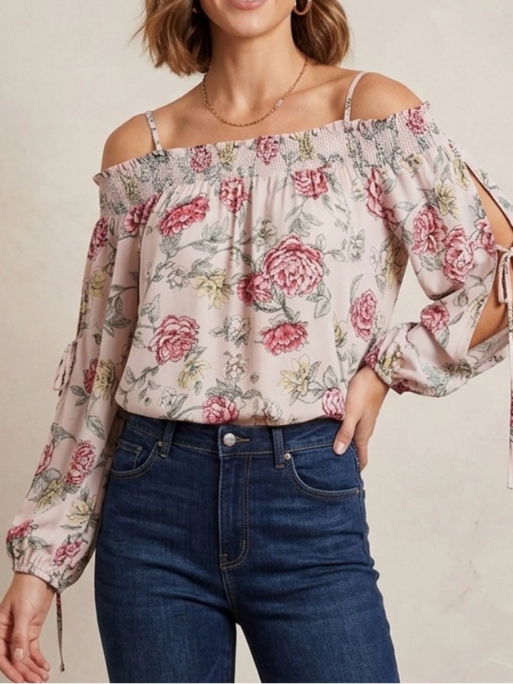 Mystree‎ Pink Floral Off-Shoulder Blouse with Smocked Neckline NWT Sz-M.  FF7